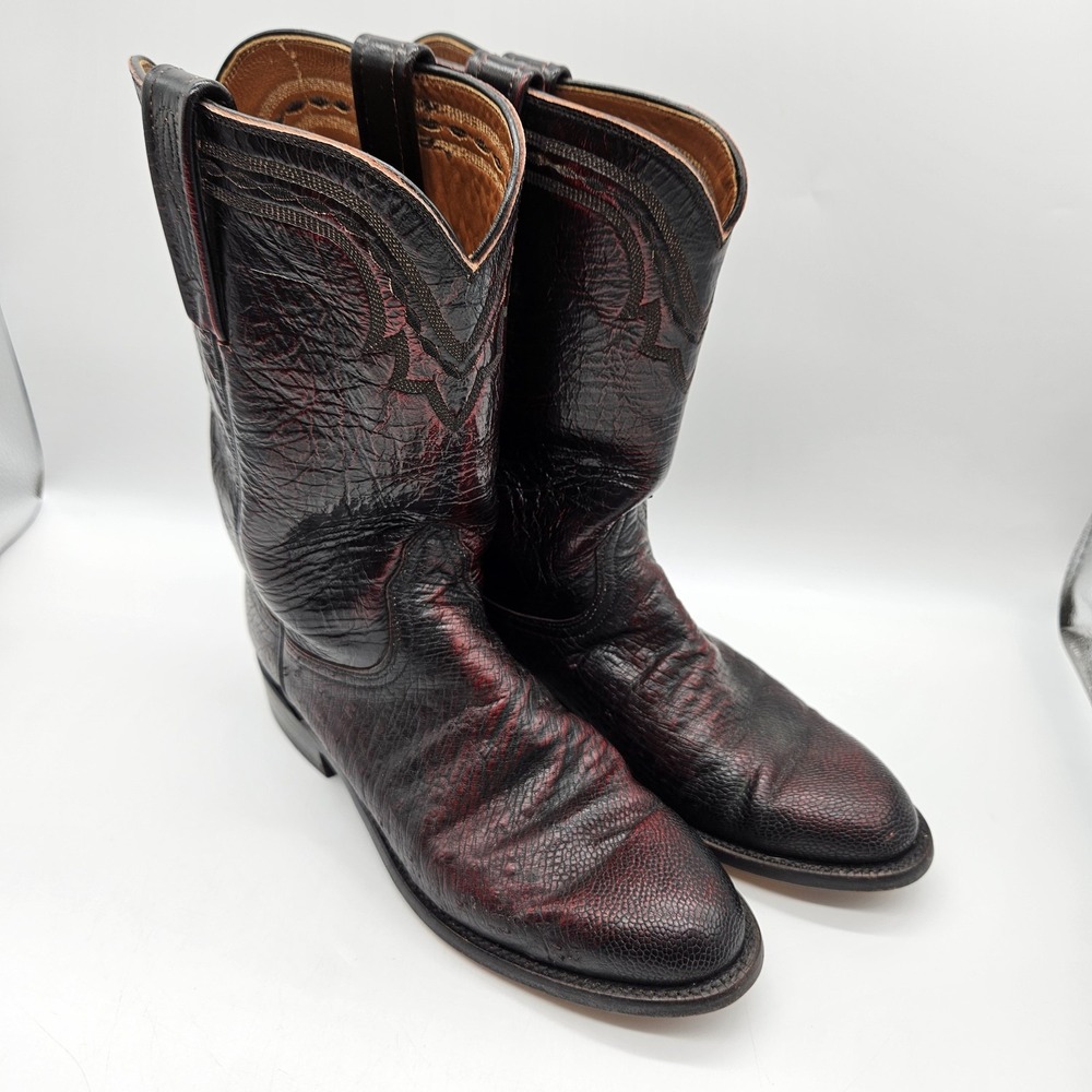 Vtg Lucchese 2000 Full Ostrich Cowboy Roper Boots Mens 7.5 D Black Cherry Exotic
